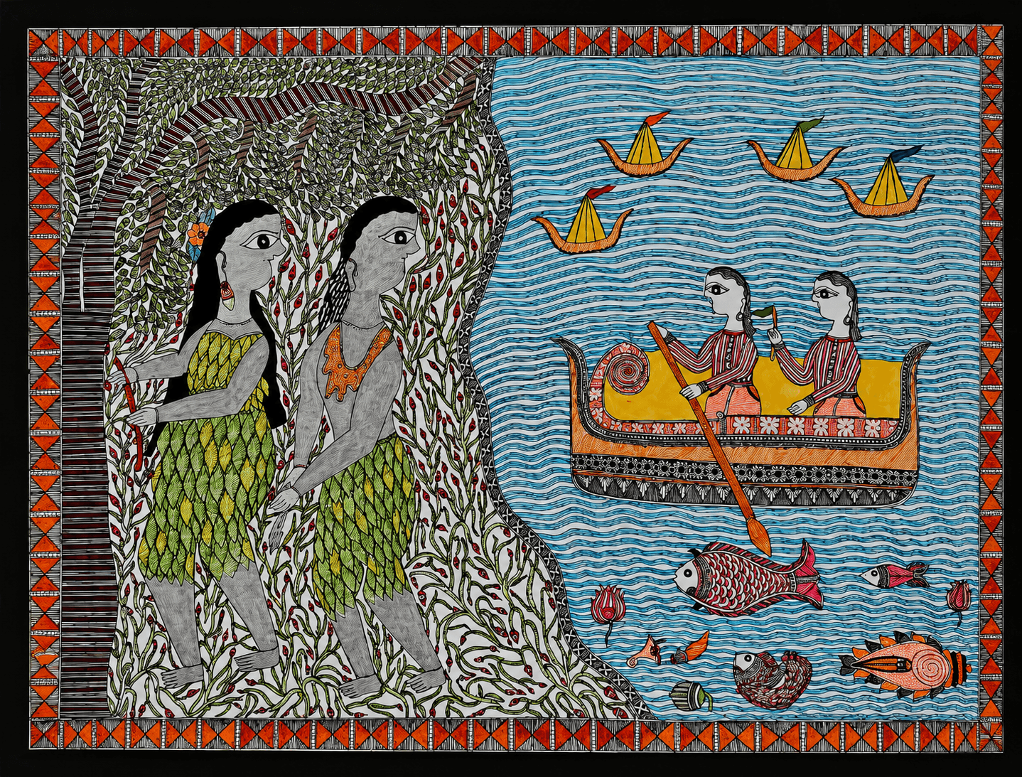 River Journey - Madhubani Painting - Multi color