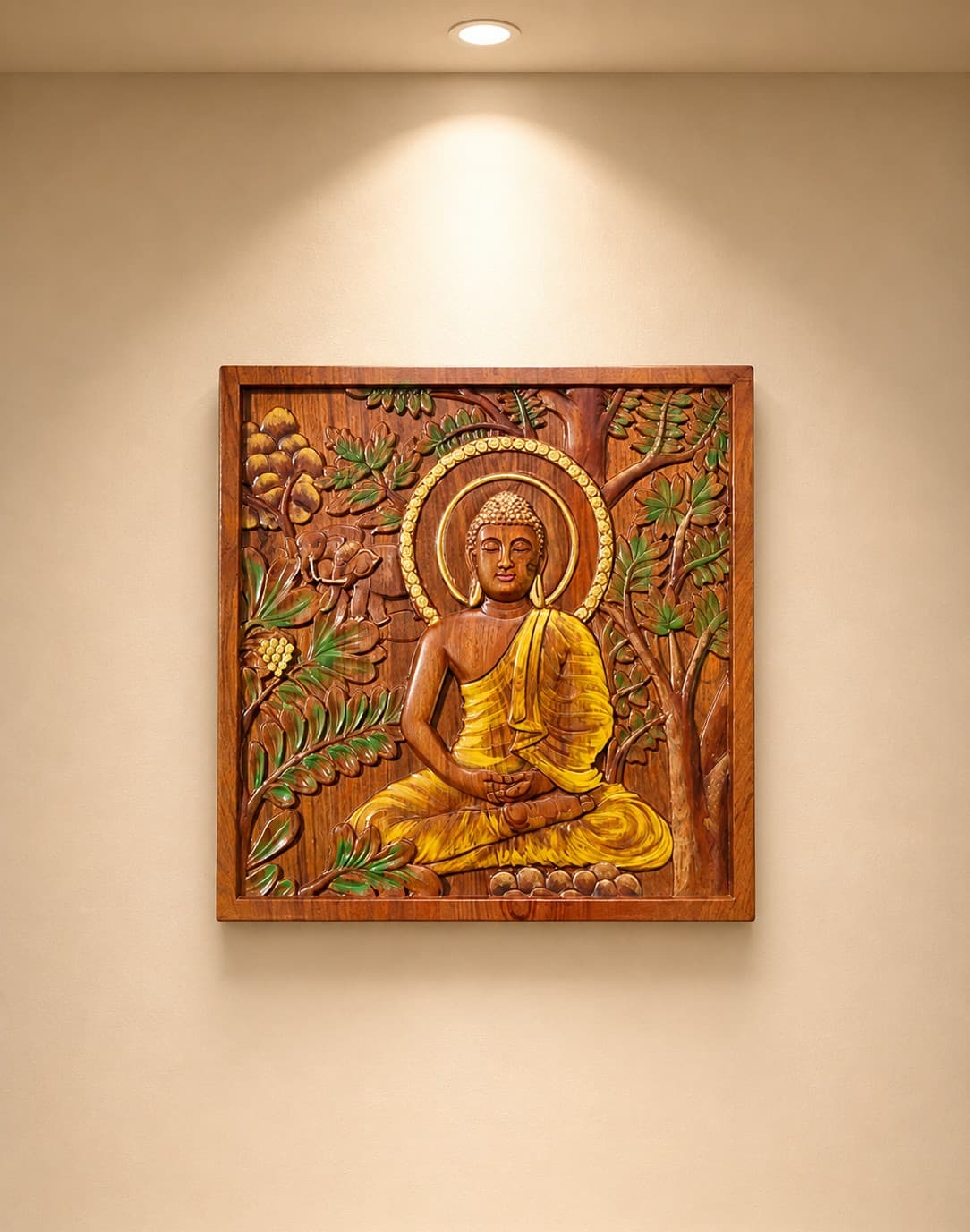 Meditating Buddha Wooden Relief Wall Panel - Wood Carving