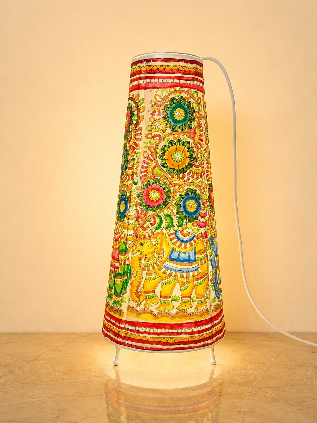Leather Elephant Motif Floor Lamp - Tholu Bommalata