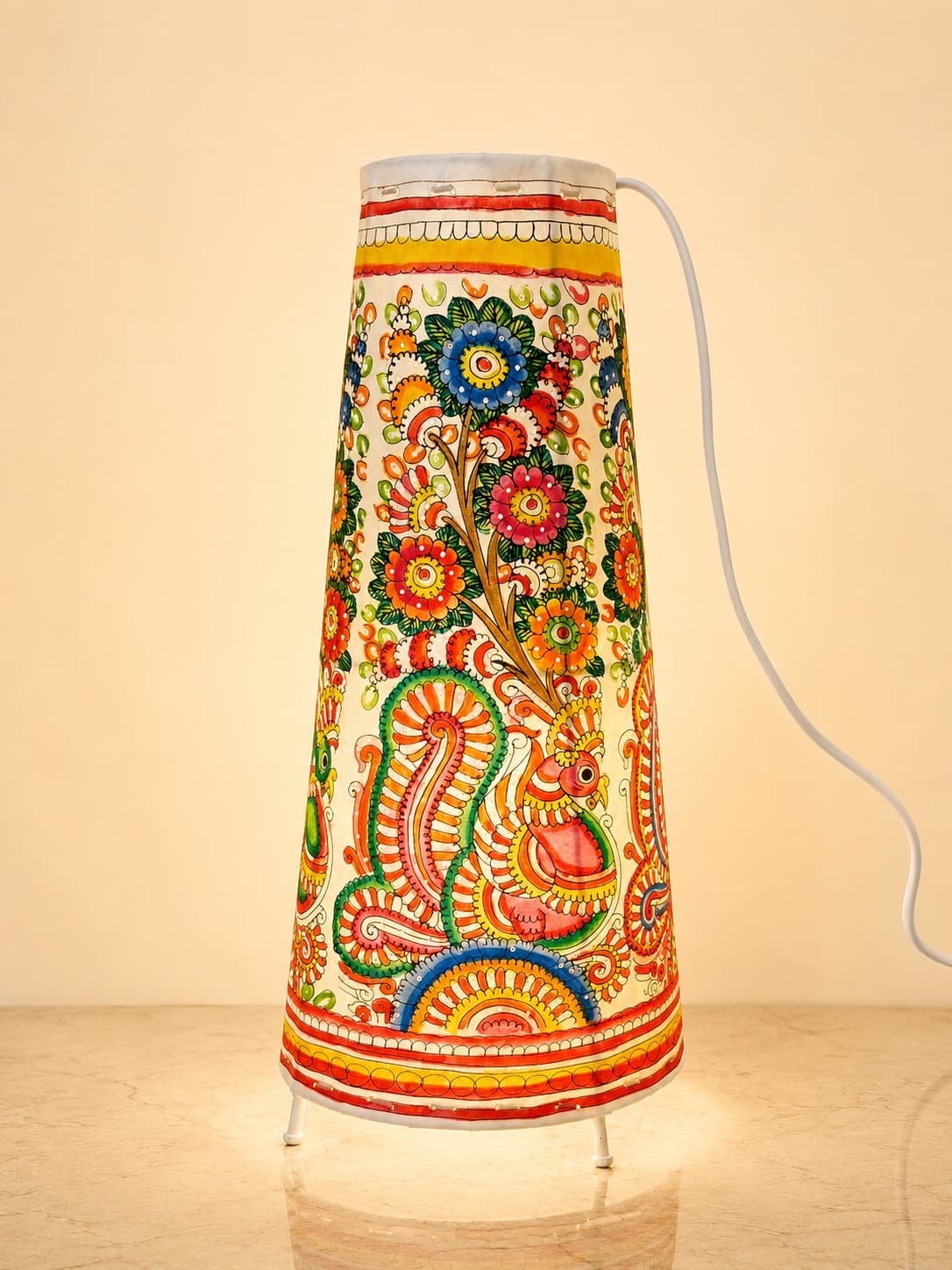 Leather Peacock Motif Floor Lamp - Tholu Bommalata