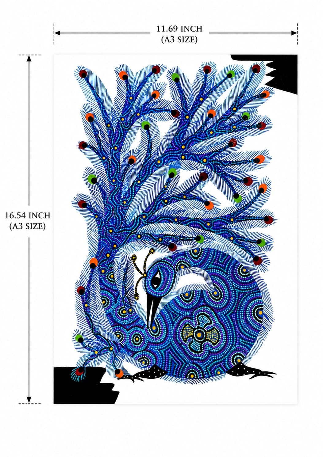 Tribal Peacock in Blue Foliage - Bhil Painting — alternate view