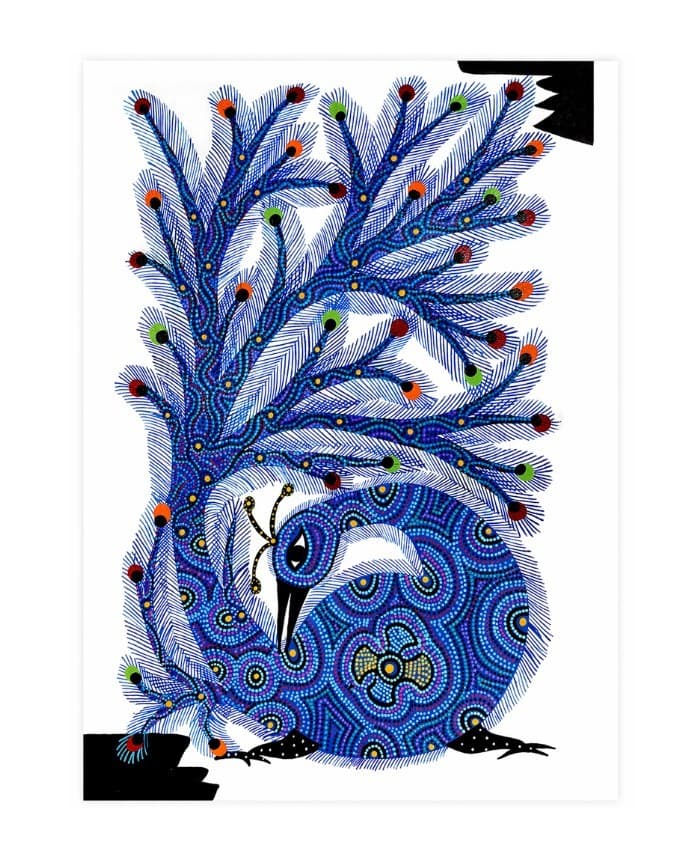 Tribal Peacock in Blue Foliage - Bhil Painting - Blue