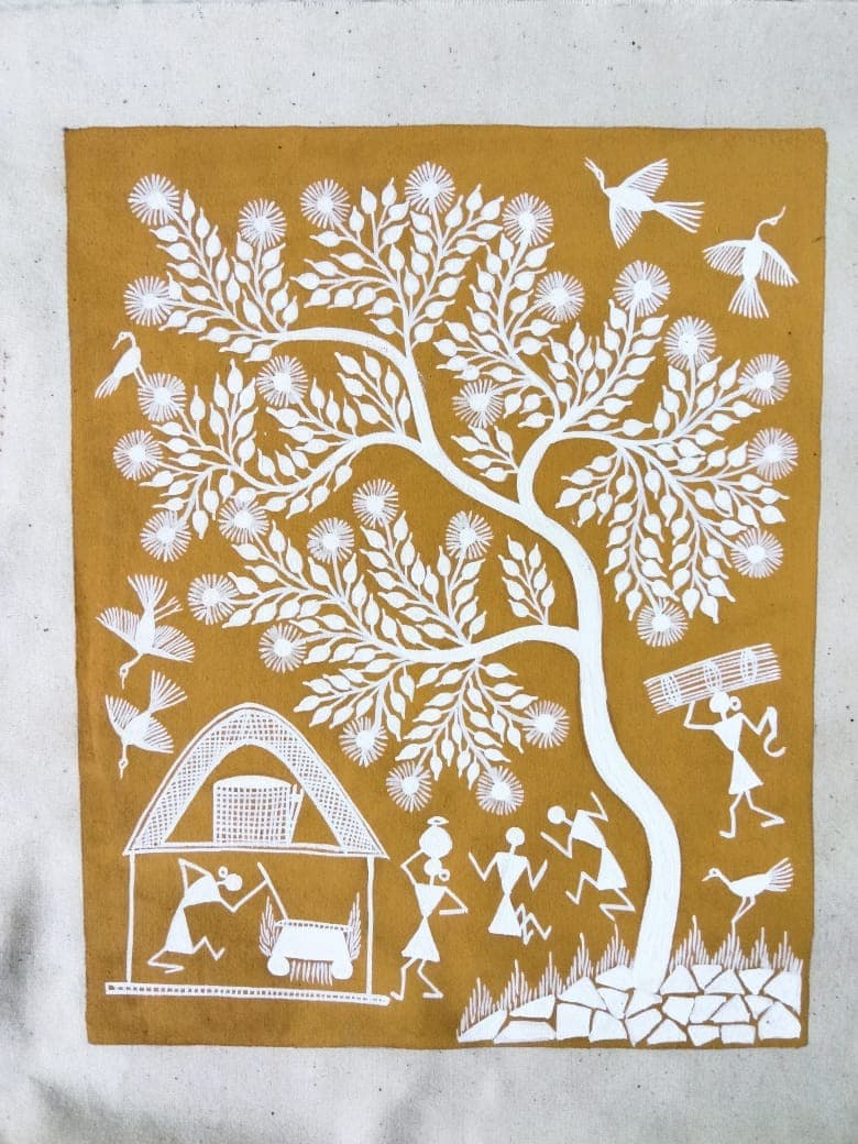 Tree of Life Art - Warli Painting - Ochre Yellow, White