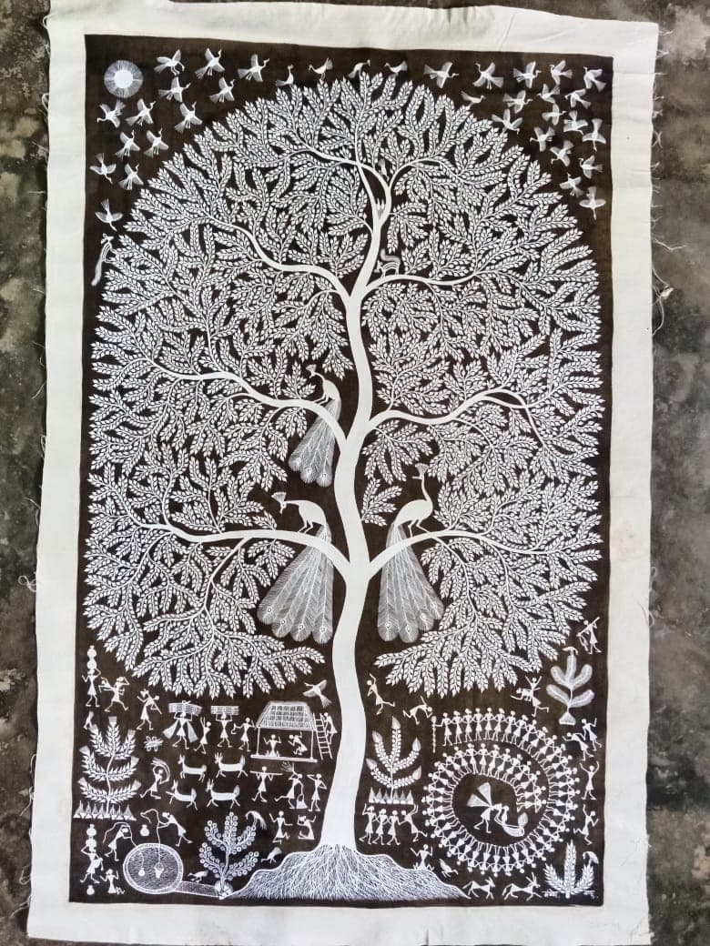 Tree of Life & Peacocks - Warli Painting - Earthy Brown, White