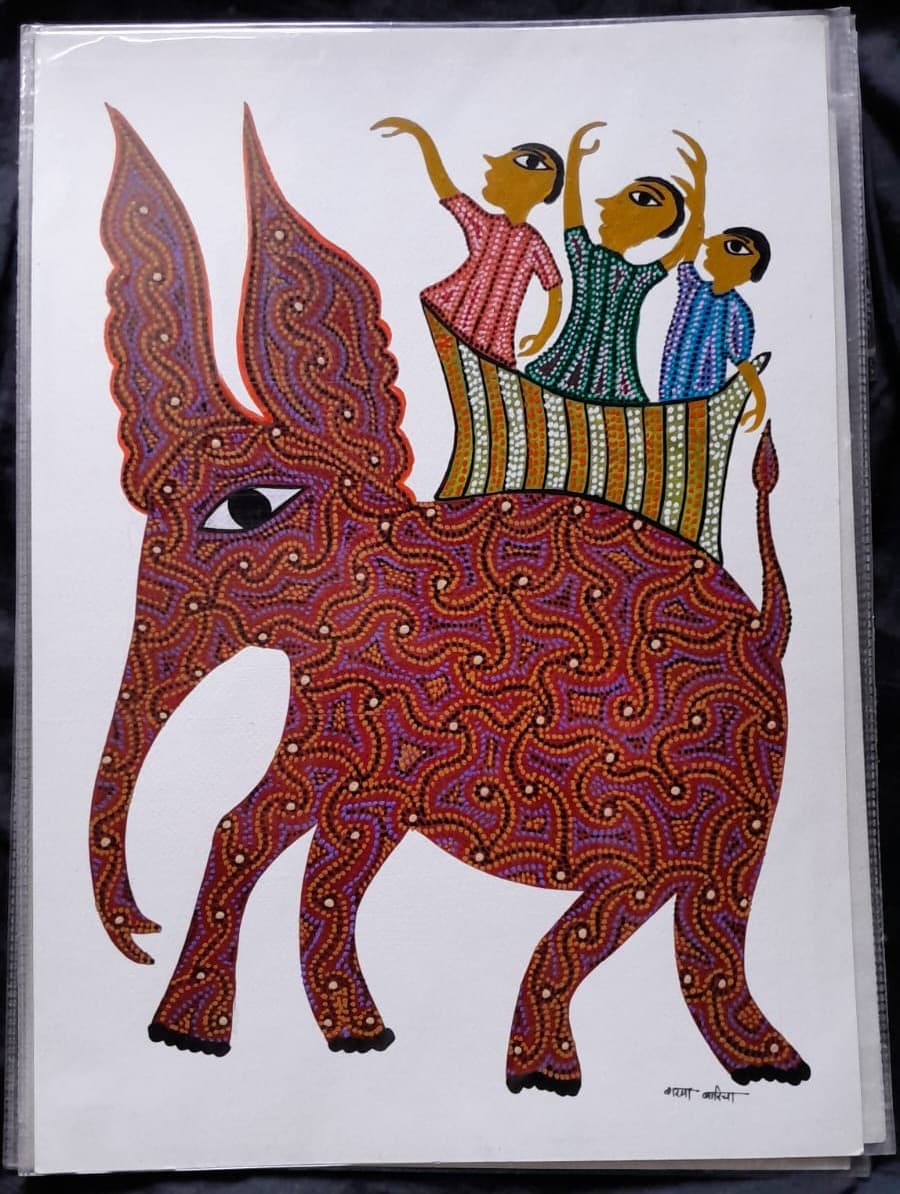 Elephant - Bhil Painting - Red, Orange, Purple, Green, Blue, White, Black