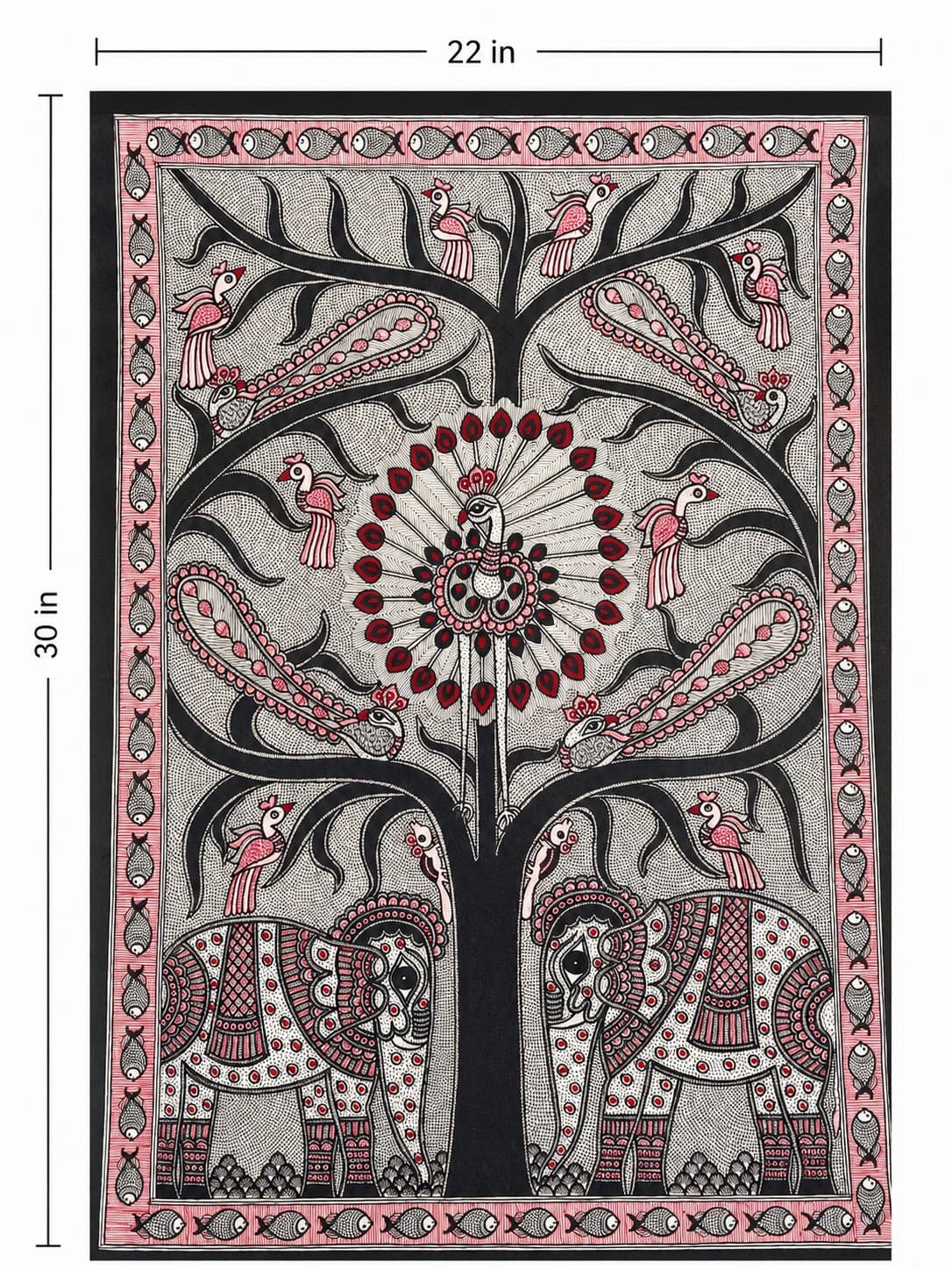 Elephant & Peacock Tree of Life - Godna Painting — alternate view