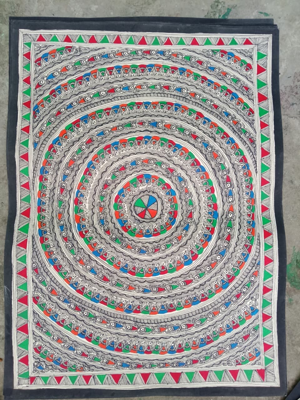 Matsya Raas - Madhubani Painting - Black, White, Red, Green, Blue, Orange