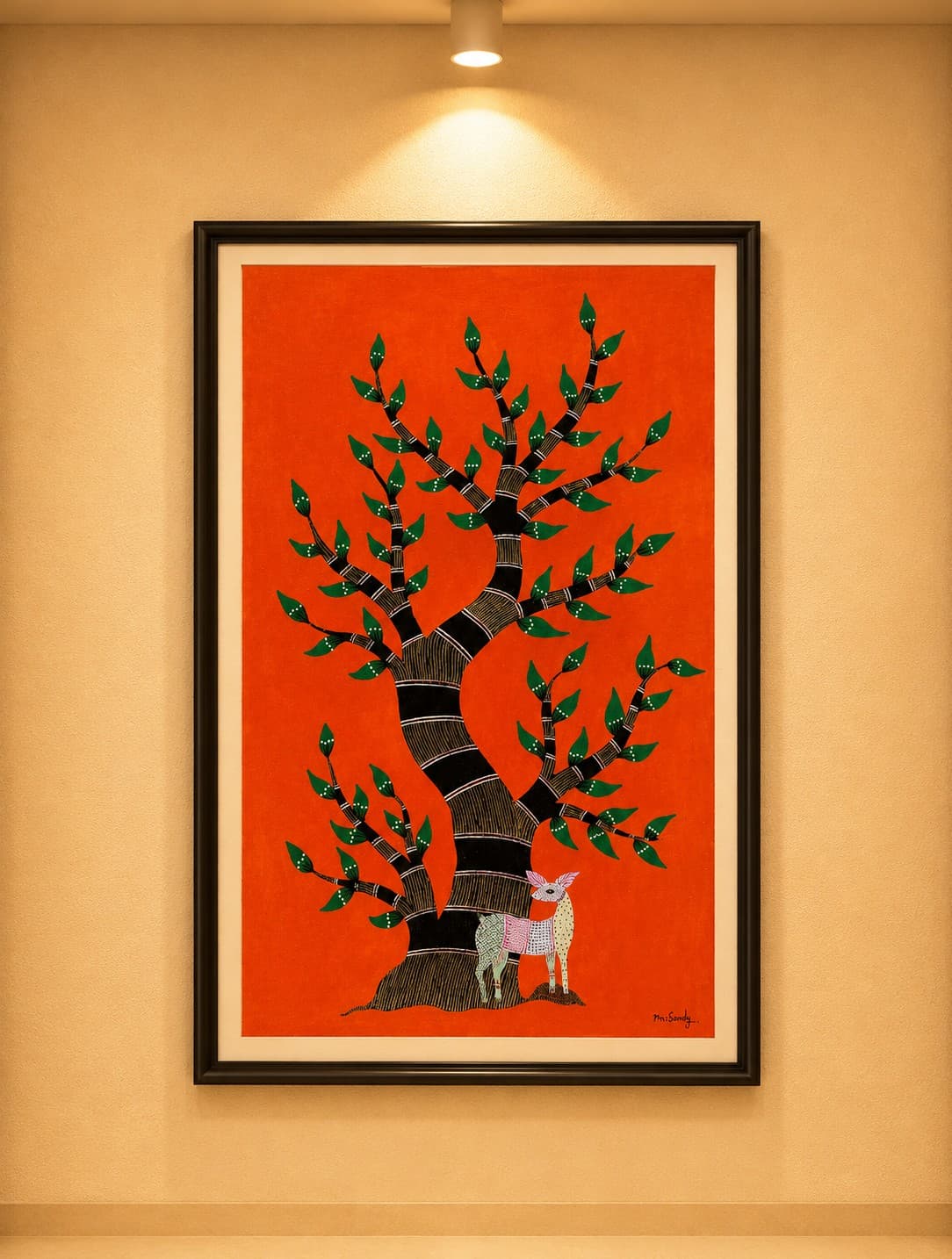 Guardian Deer Beneath the Tree of Life - Gond Painting