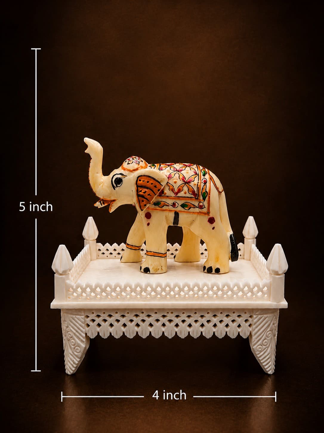 Elephant Figurine on Decorative Marble Chowki - Lucknow Bone Naqqashi — alternate view