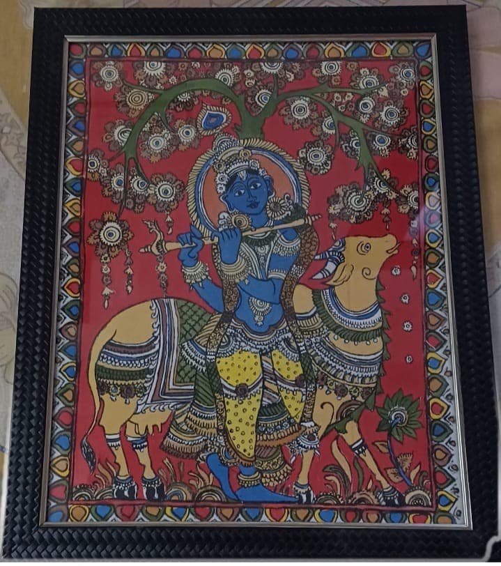 Lord Krishna & Cow Painting With Frame - Kalamkari - Natural inspired fabric colors