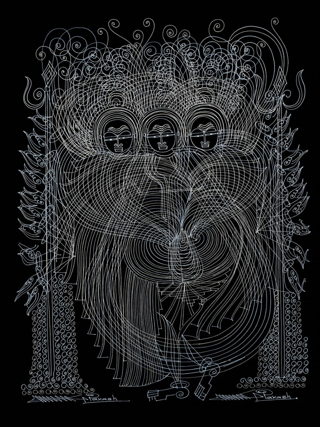 Three Divine Figures Tribal - Surpur Painting - White on Black Colour