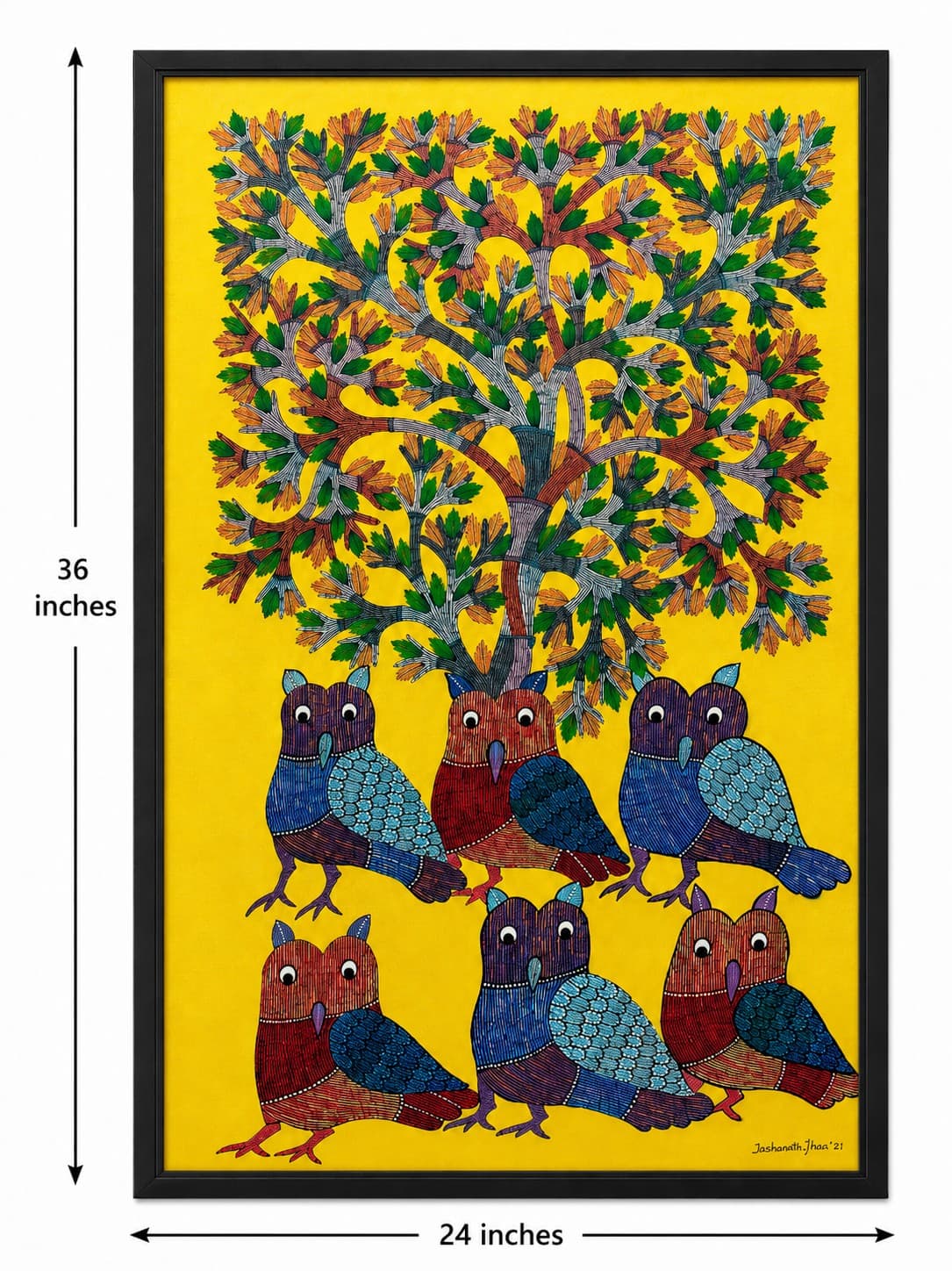 Wise Owls Beneath the Tree of Life - Gond Painting — alternate view