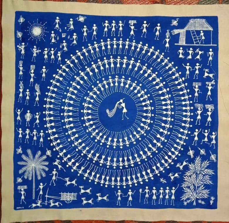 Traditional Folk Art on Cotton Canvas - Warli Painting - Deep Blue, White