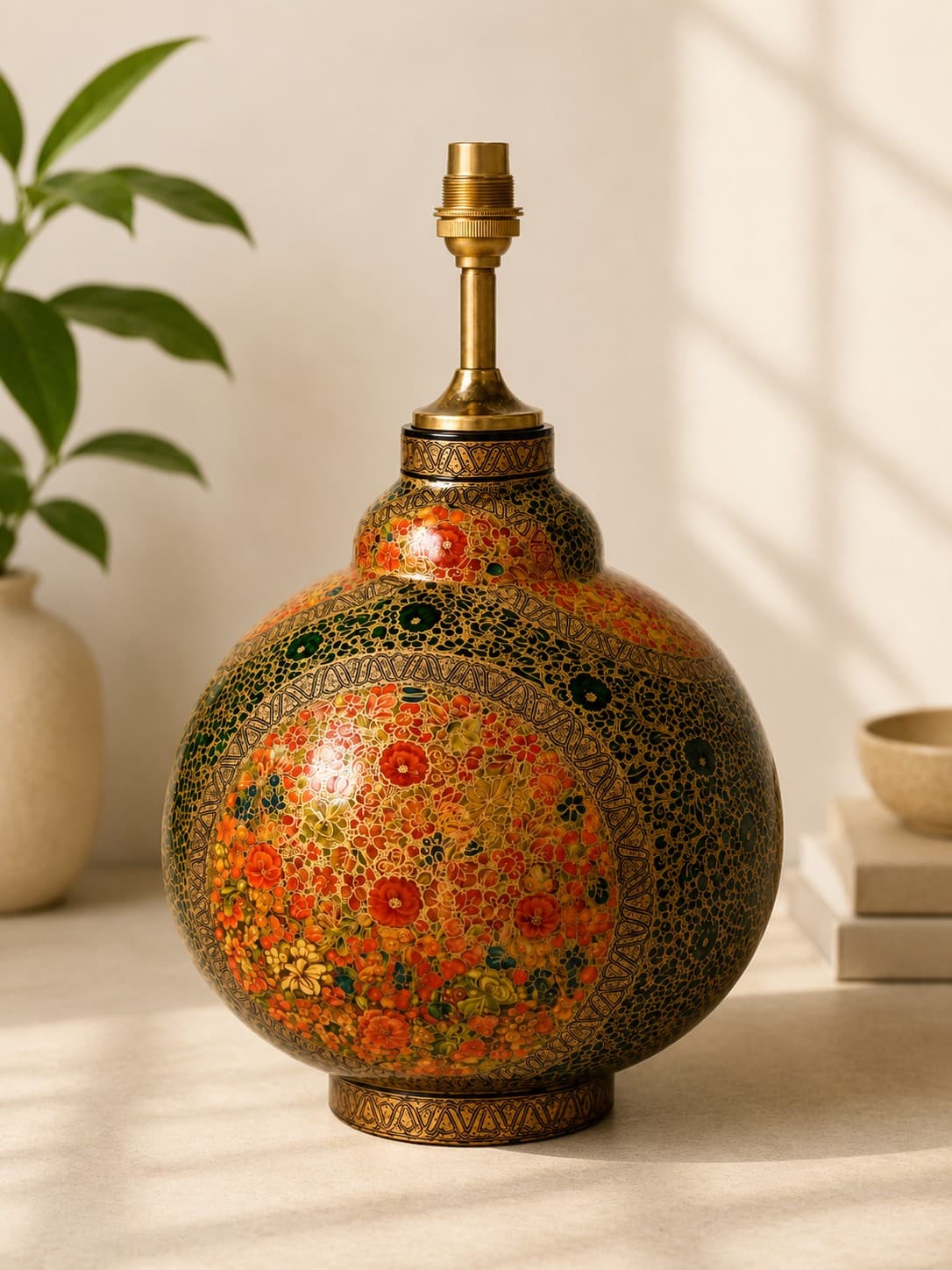 Lamp Base - Papier Mache - red, orange, green, blue, black, gold, and earthy tones