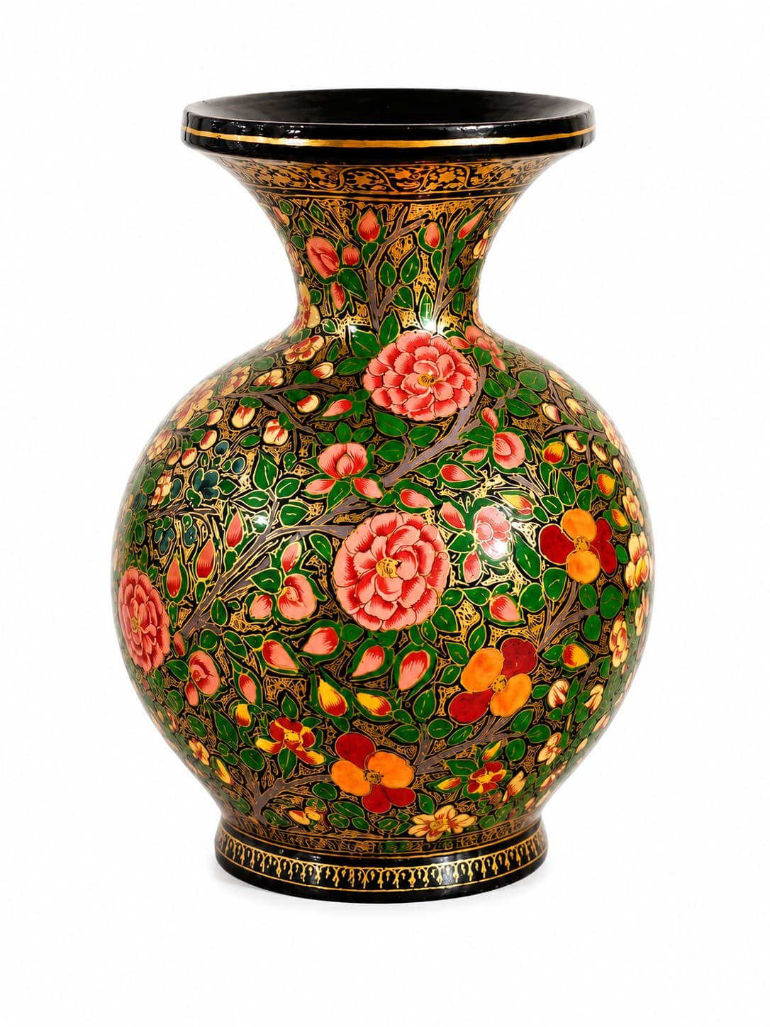 Floral Vase - Papier Mache - Green, Red, Orange, Gold & Black