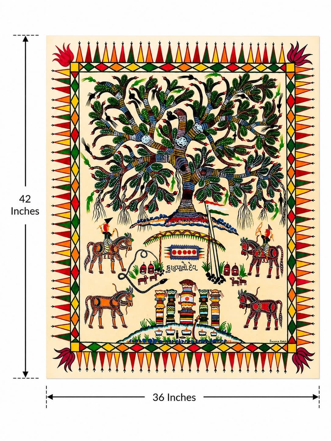 Tree of Life & Sacred Horses - Pithora Painting — alternate view