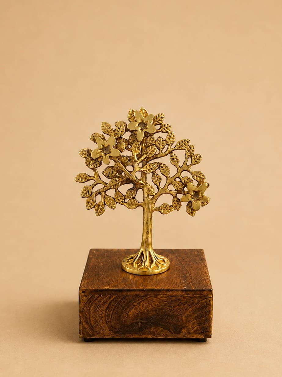 Brass Kalpavriksha Tree on Wooden Base - Brass & Copper