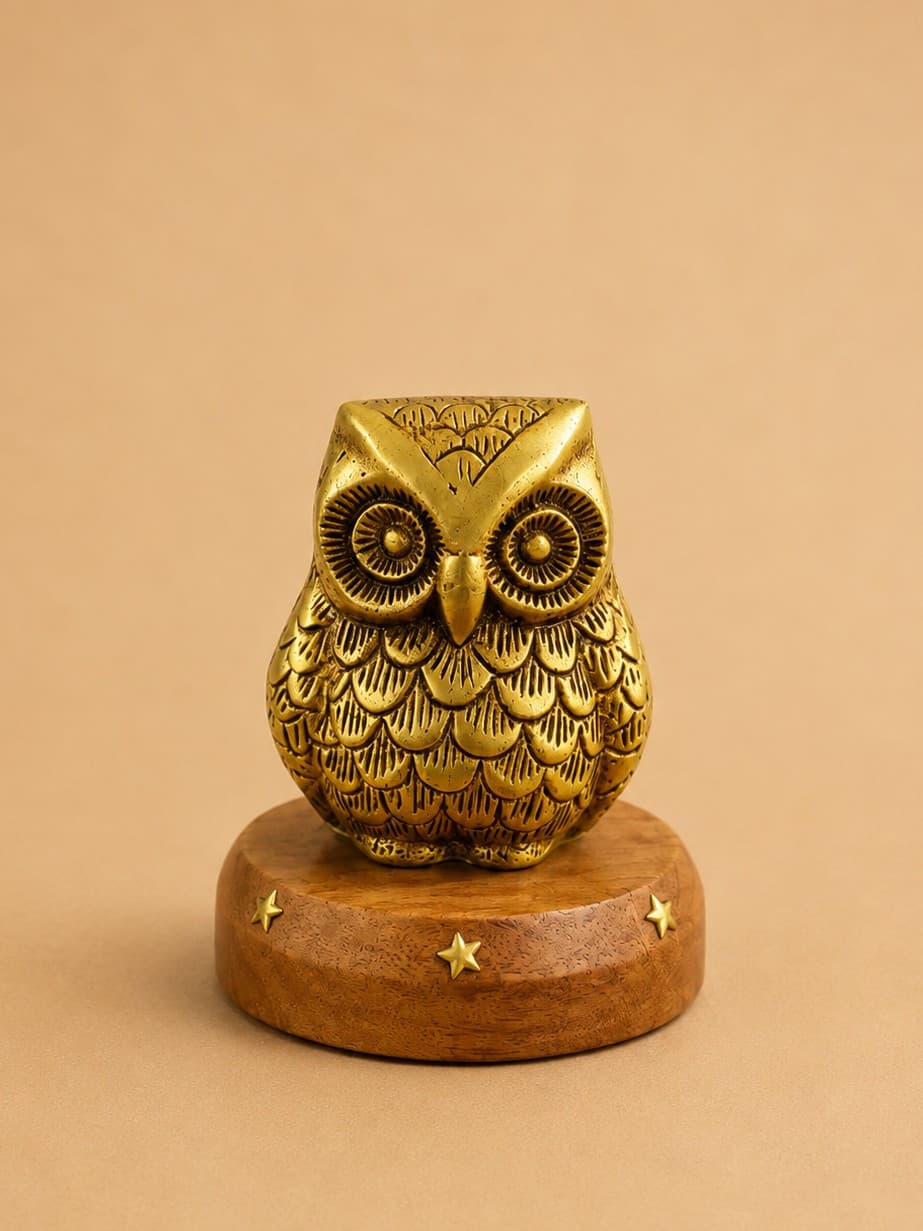 Brass Owl Figurine on Wooden Base - Brass & Copper