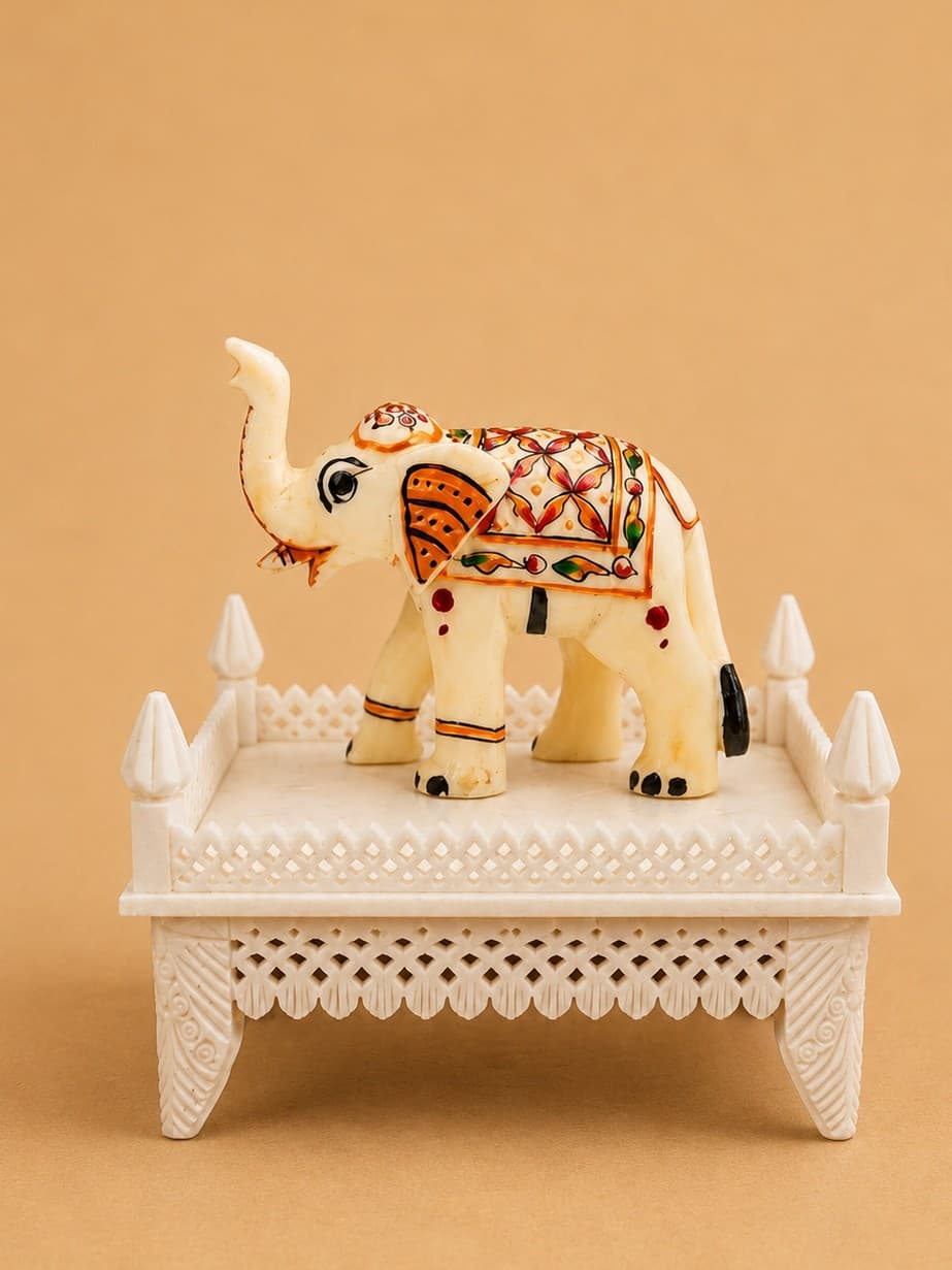 Elephant Figurine on Decorative Marble Chowki - Lucknow Bone Naqqashi