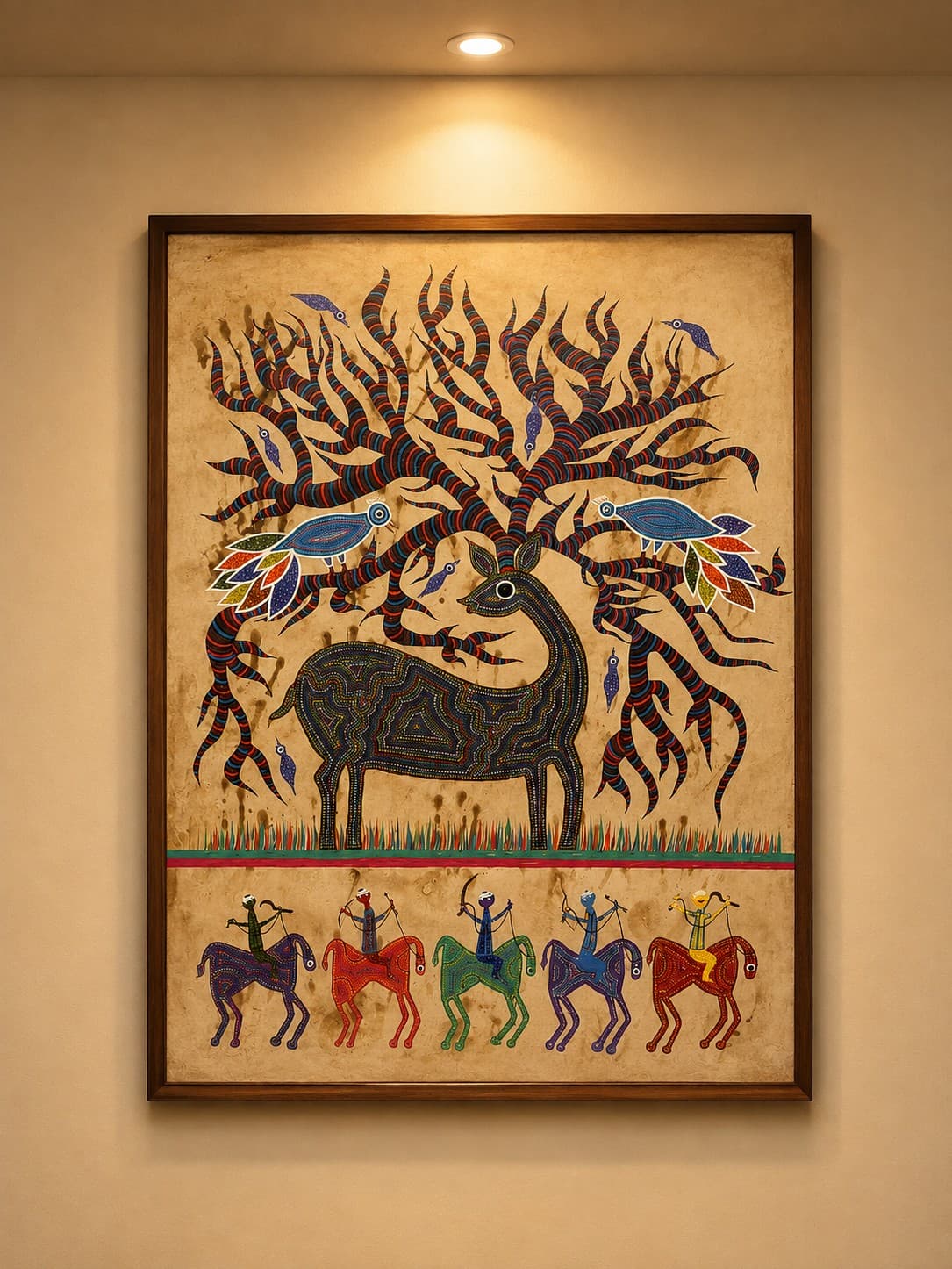 Bhil Tribal Deer Tree & Horsemen Painting - Bhil Painting