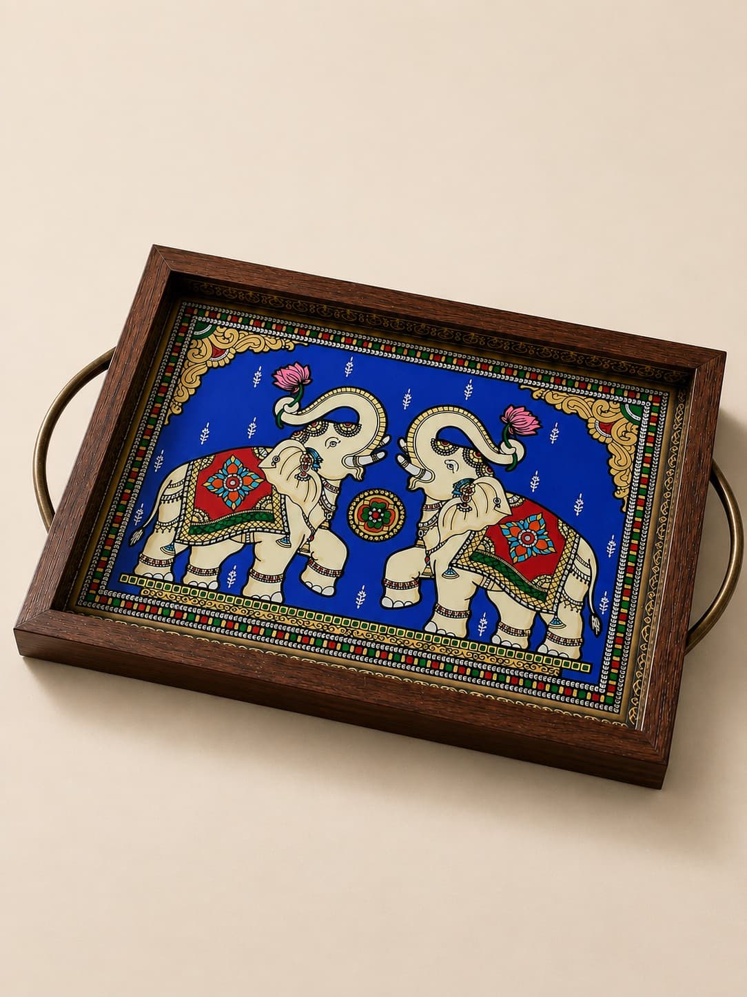 Reverse Mirror Painting Tray with Twin Elephants - Wood Carving