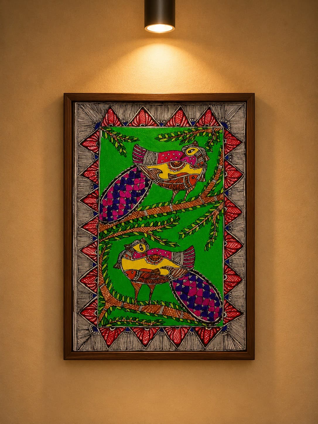 Twin Birds on a Branch - Madhubani Painting