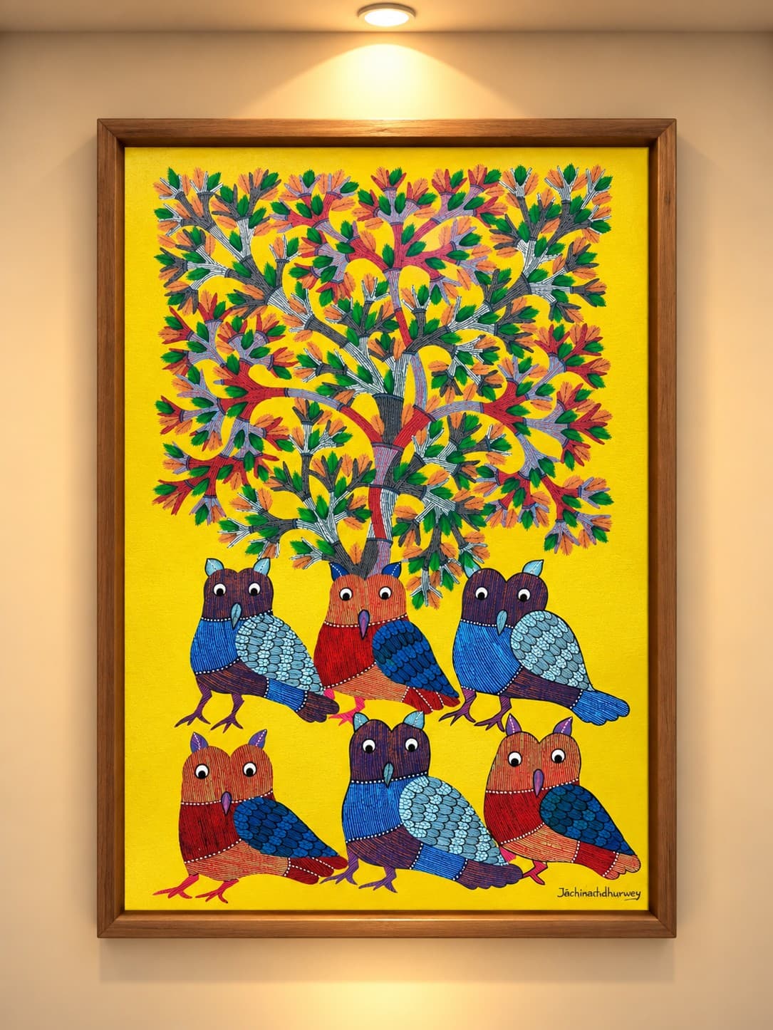 Wise Owls Beneath the Tree of Life - Gond Painting