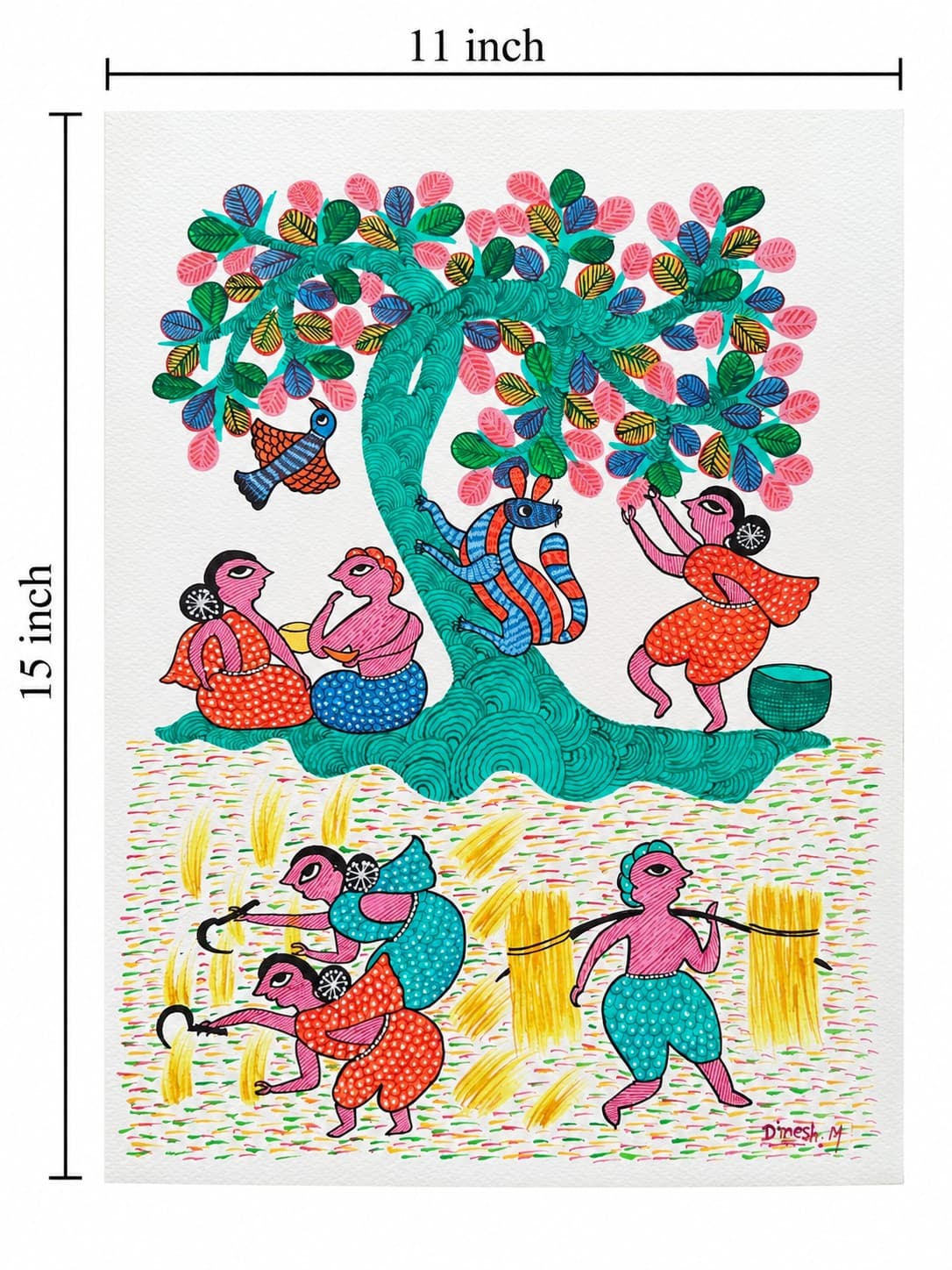 Tribal Tree of Life & Village Harvest- Gond Painting — alternate view