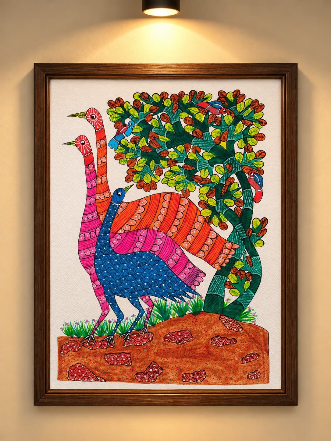Three Cranes Beneath the Sacred Tree - Gond Painting
