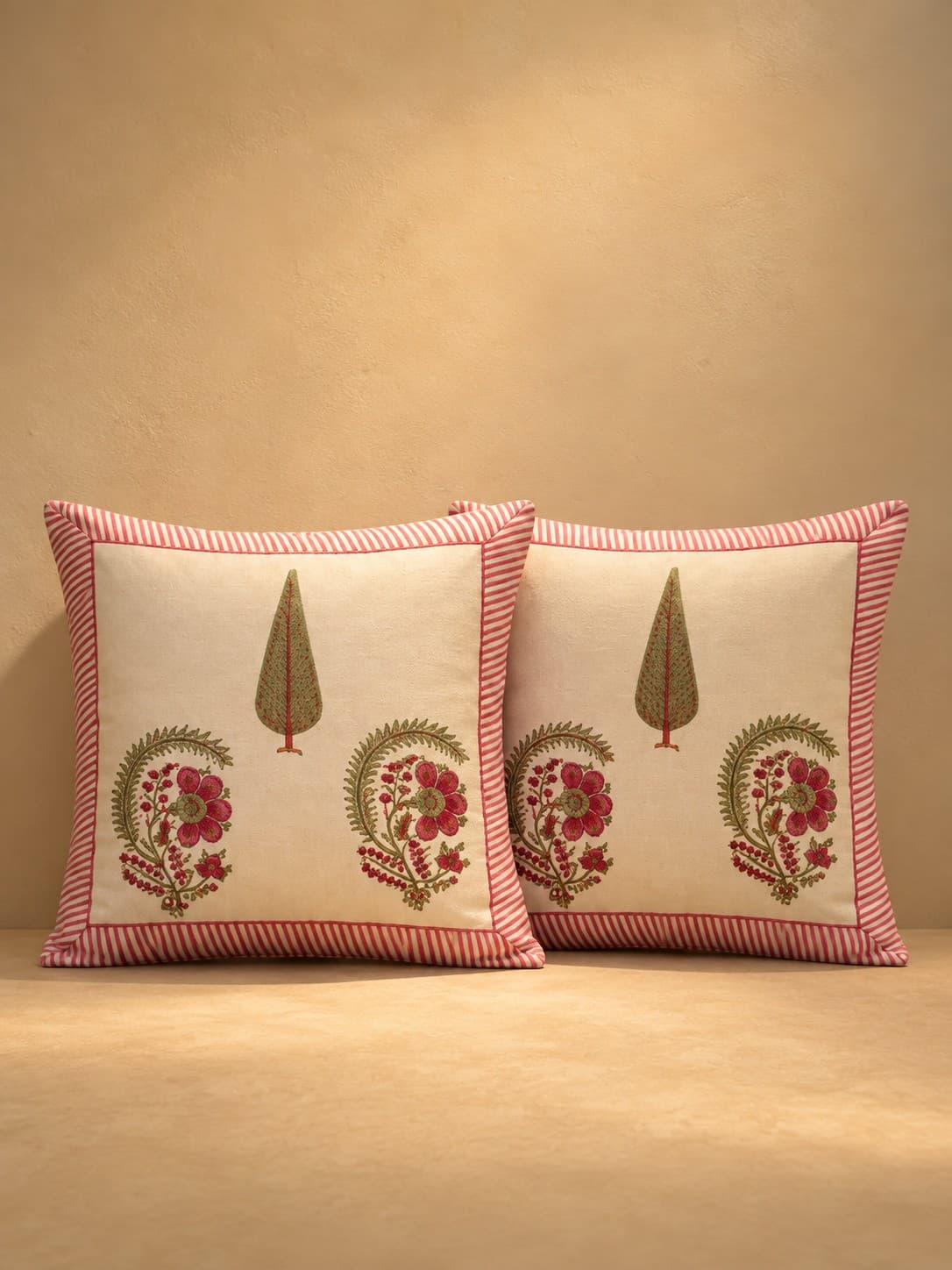 Mughal Buta & Cypress Tree Design - Bagru Hand Block Print Cushion Cover