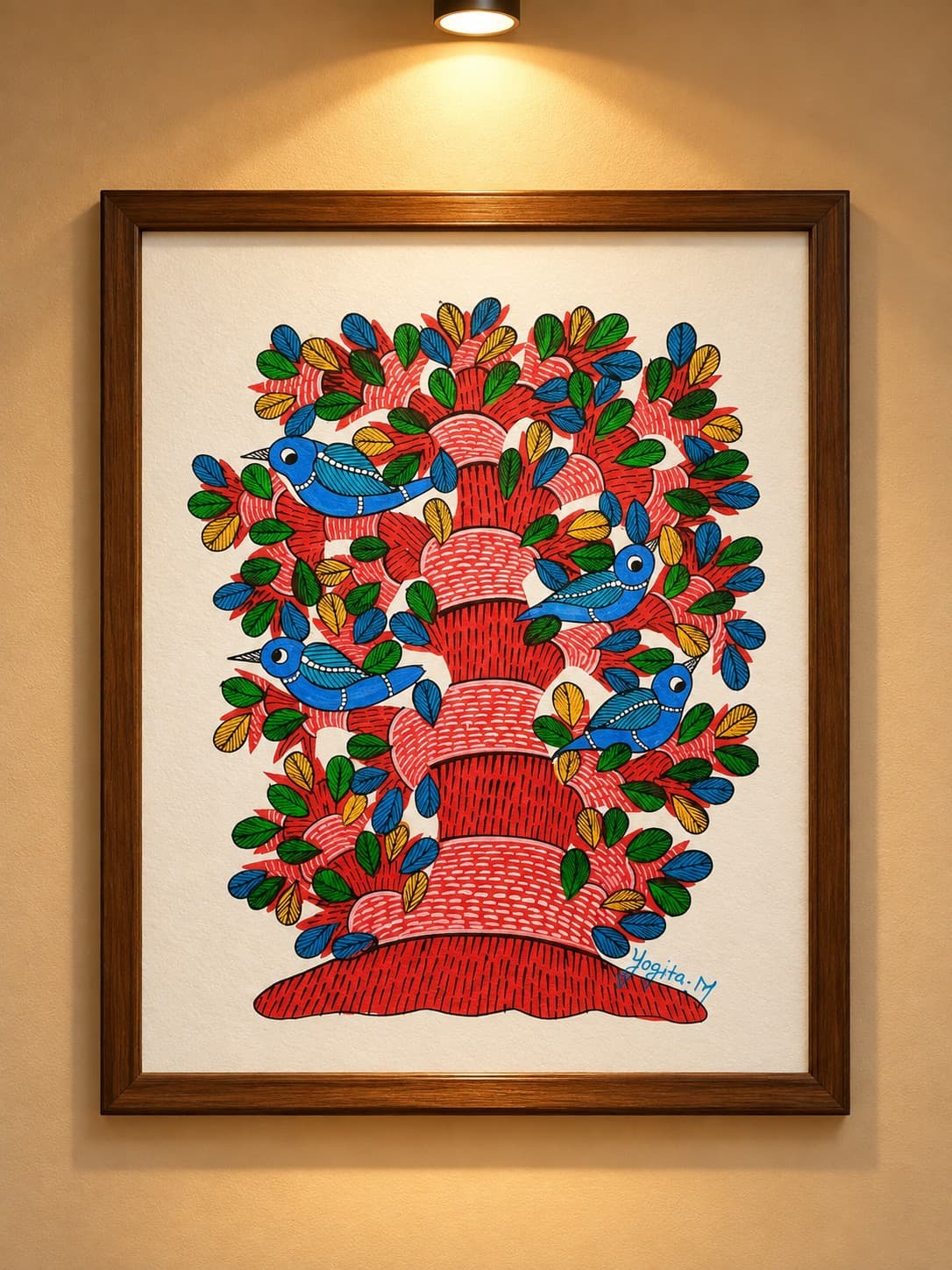 Tree of Life with Four Blue Birds on Saja Tree - Gond Painting