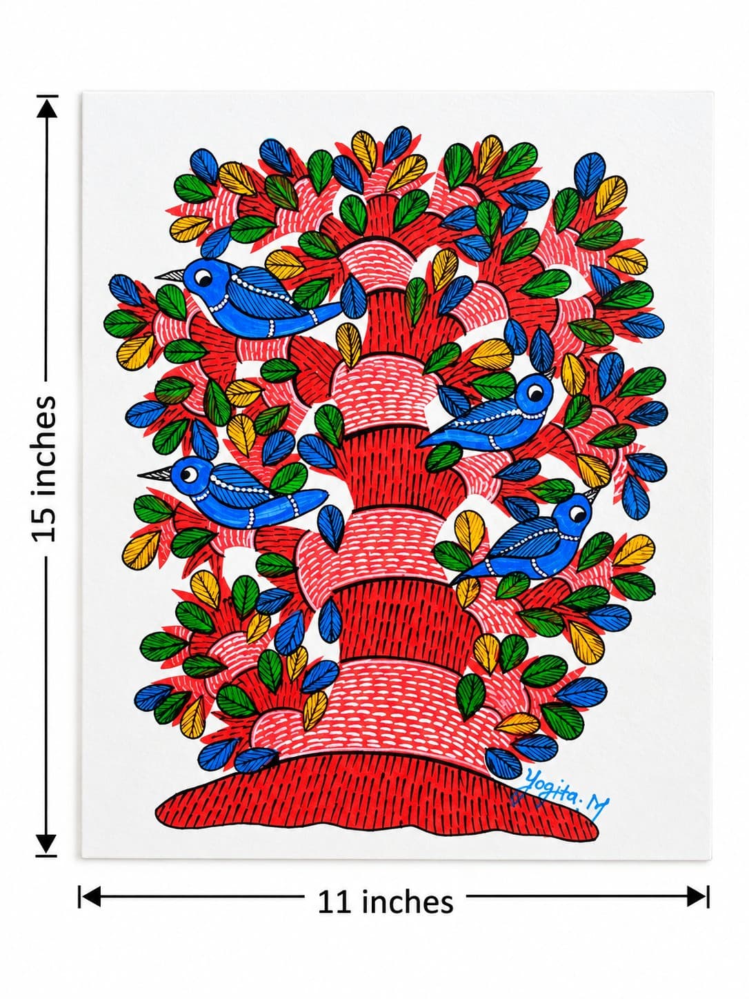 Tree of Life with Four Blue Birds on Saja Tree - Gond Painting — alternate view