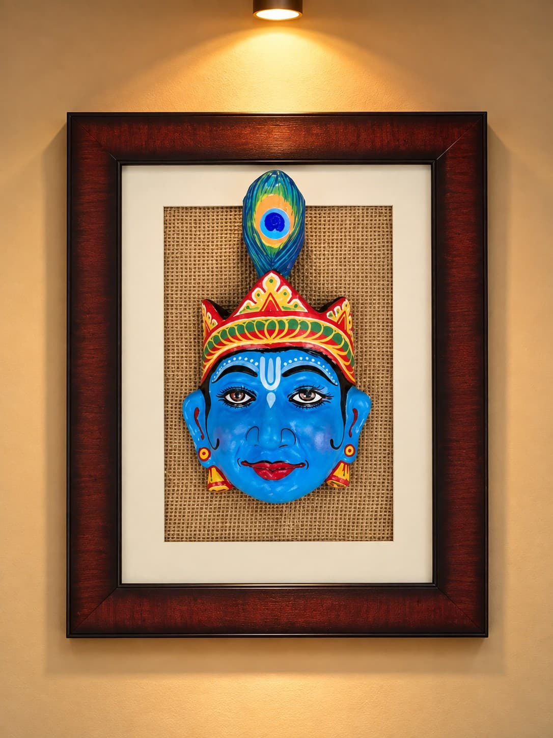 Lord Krishna with Peacock Feather Crown Framed Mask - Majuli Bhaona
