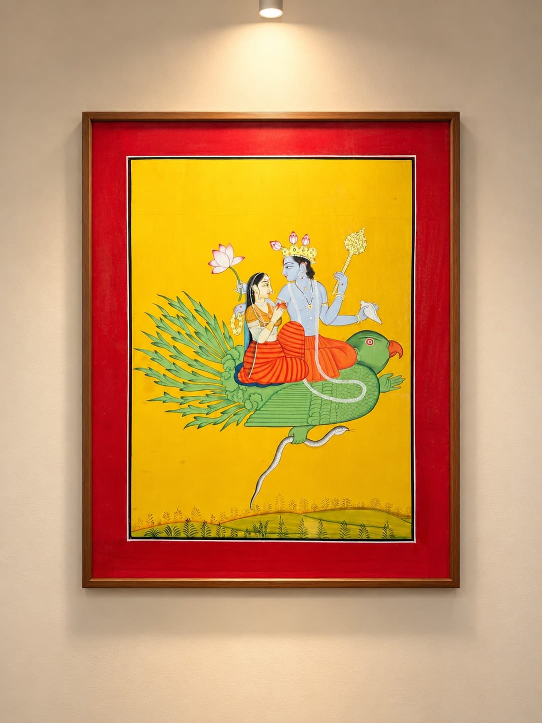 Lord Vishnu with Goddess Lakshmi on Garuda - Miniature Painting
