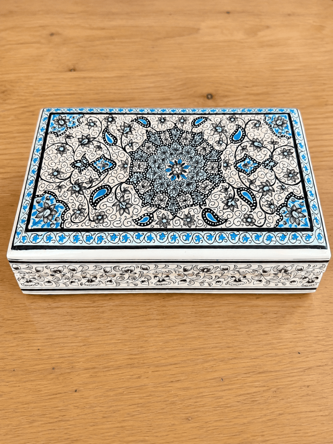 Azure Bloom Heritage Storage Box - Kashmiri Naqashi - Ivory White, Azure Blue, Black Azure Bloom Heritage Storage Box - Kashmiri Naqashi - Ivory White, Azure Blue, Black