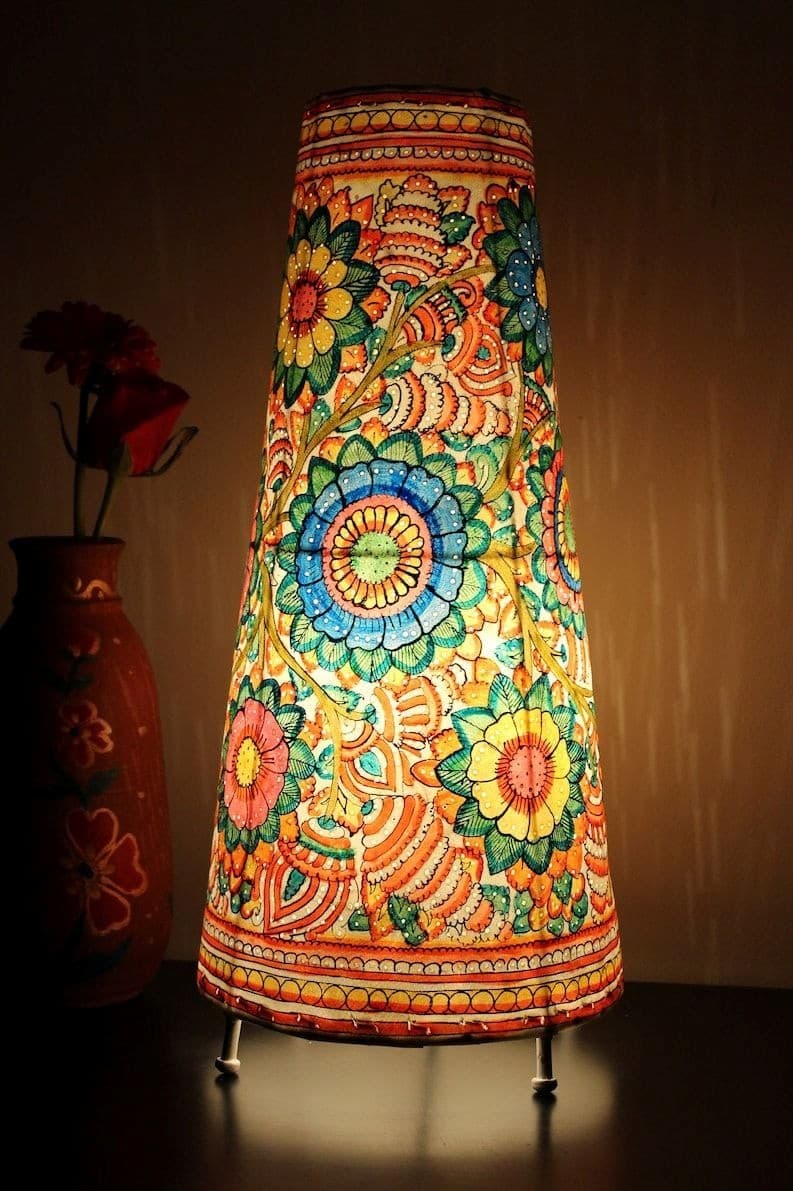 Floral Leather Floor Lamp - Tholu Bommalata - Ivory White, Blue, Yellow, Orange, Pink, Green, Warm Golden Illumination Floral Leather Floor Lamp - Tholu Bommalata - Ivory White, Blue, Yellow, Orange, Pink, Green, Warm Golden Illumination