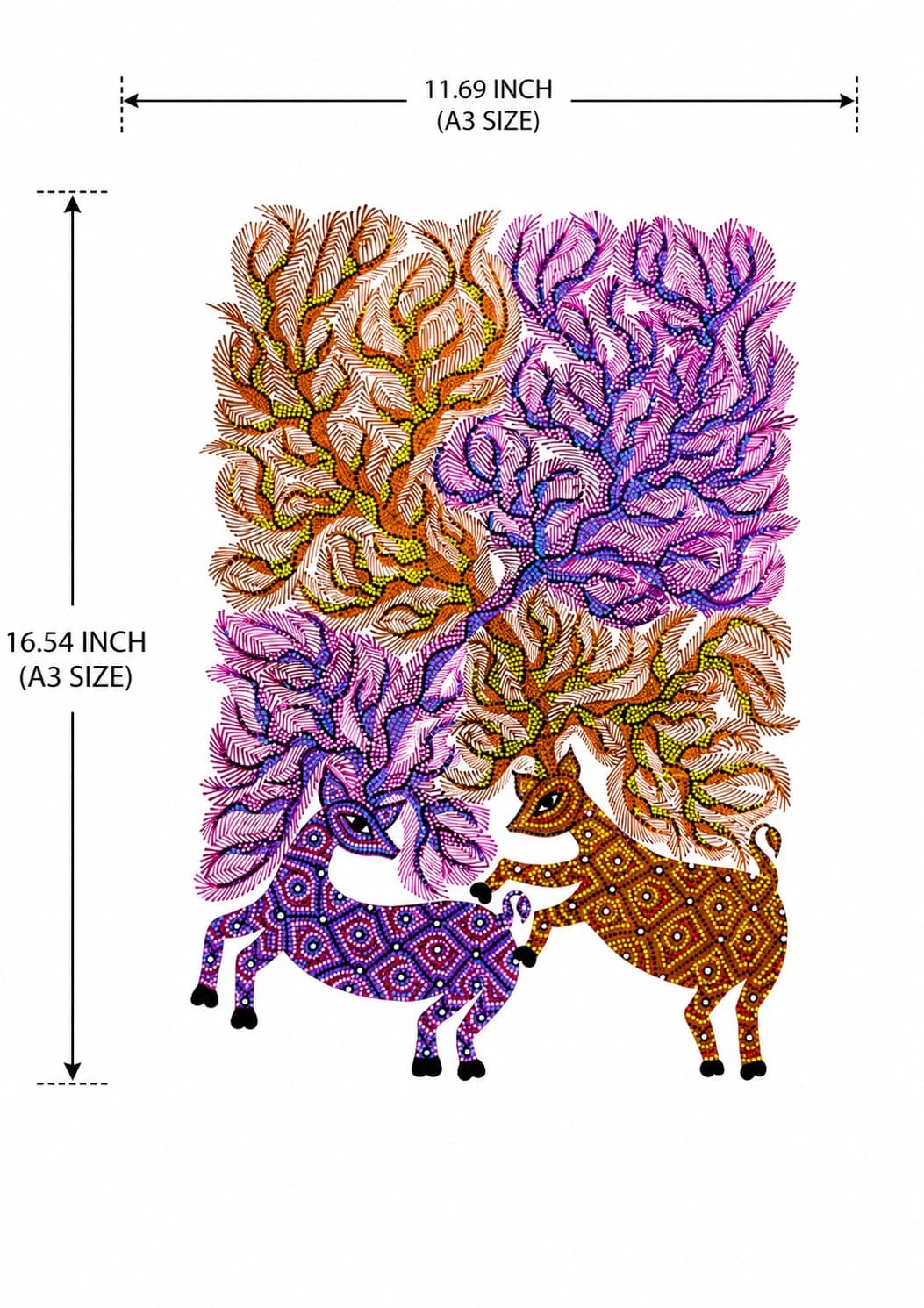 Bhil Tribal Twin Deer in Bloom Painting - Bhil Painting — alternate view Bhil Tribal Twin Deer in Bloom Painting - Bhil Painting — alternate view