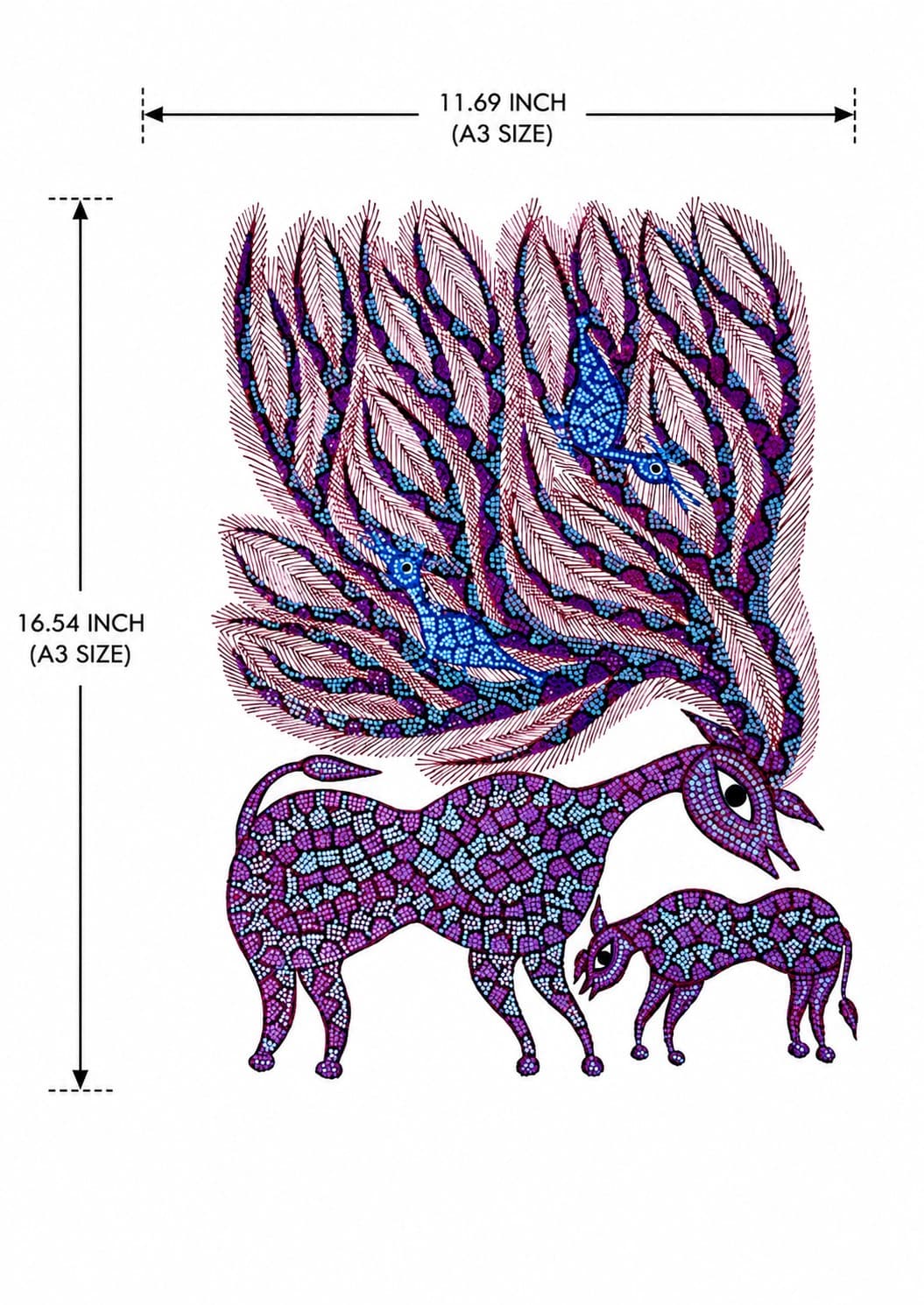 Tribal Deer & Calf Tree of Life Painting - Bhil Painting — alternate view Tribal Deer & Calf Tree of Life Painting - Bhil Painting — alternate view