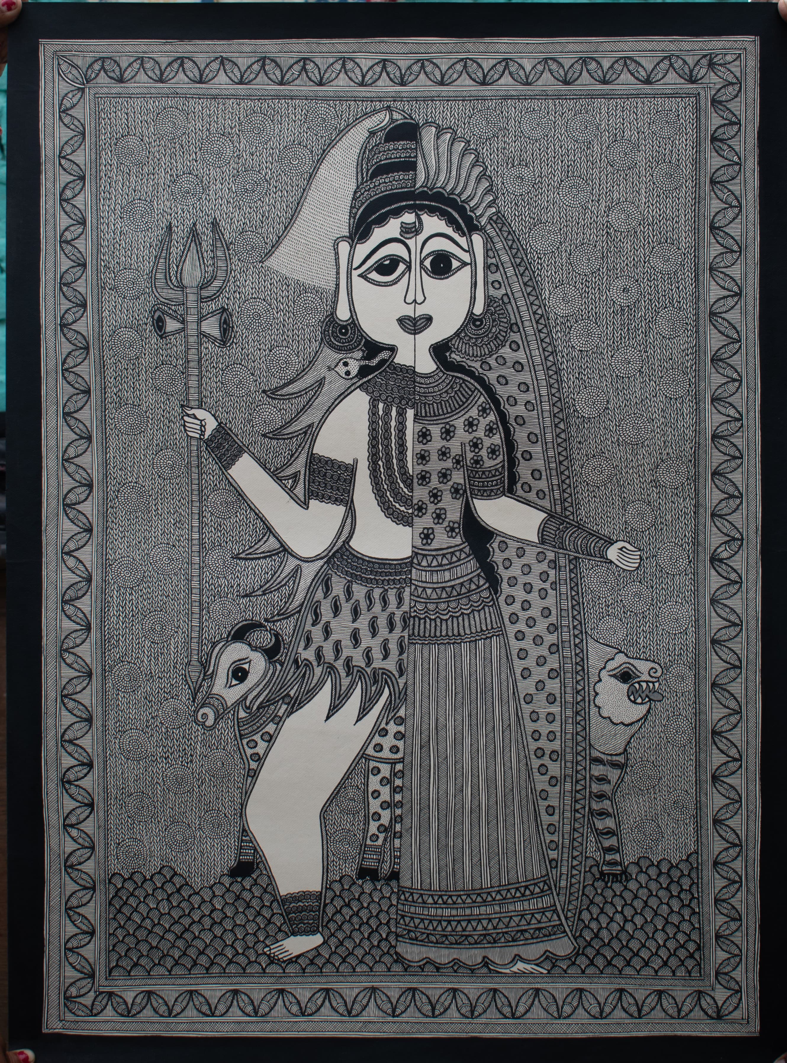 Ardhanarishvara - Madhubani Painting - Black, White Ardhanarishvara - Madhubani Painting - Black, White