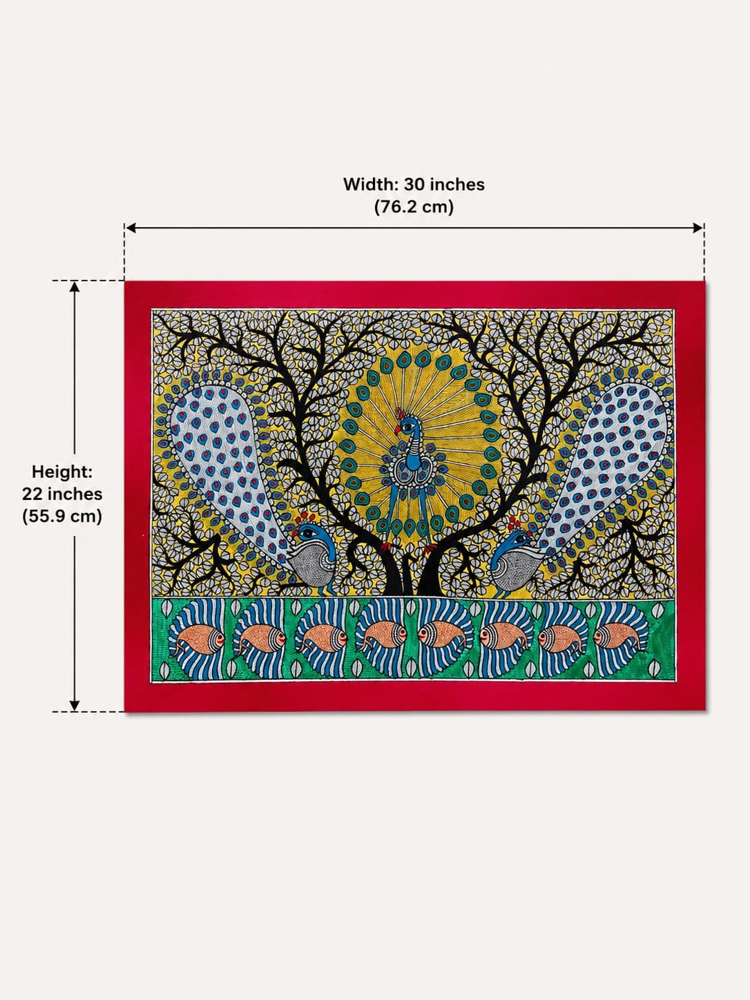 Three Peacock Tree of Life with Fish Border - Madhubani Painting — alternate view Three Peacock Tree of Life with Fish Border - Madhubani Painting — alternate view