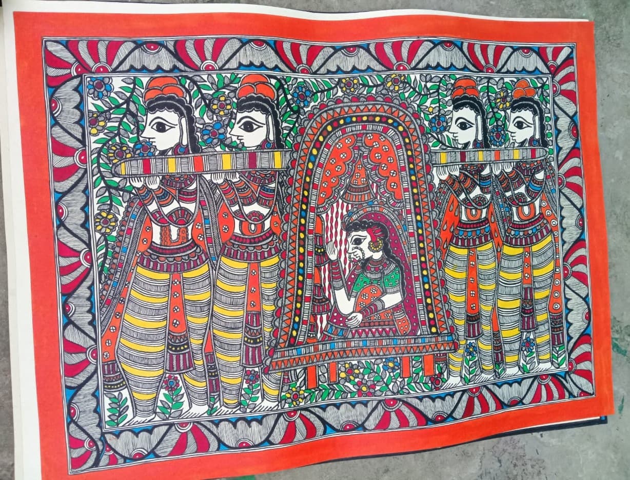 Krishna Flute Melody - Madhubani Painting - Orange, Yellow, Red, Blue, Green, Black, White Krishna Flute Melody - Madhubani Painting - Orange, Yellow, Red, Blue, Green, Black, White