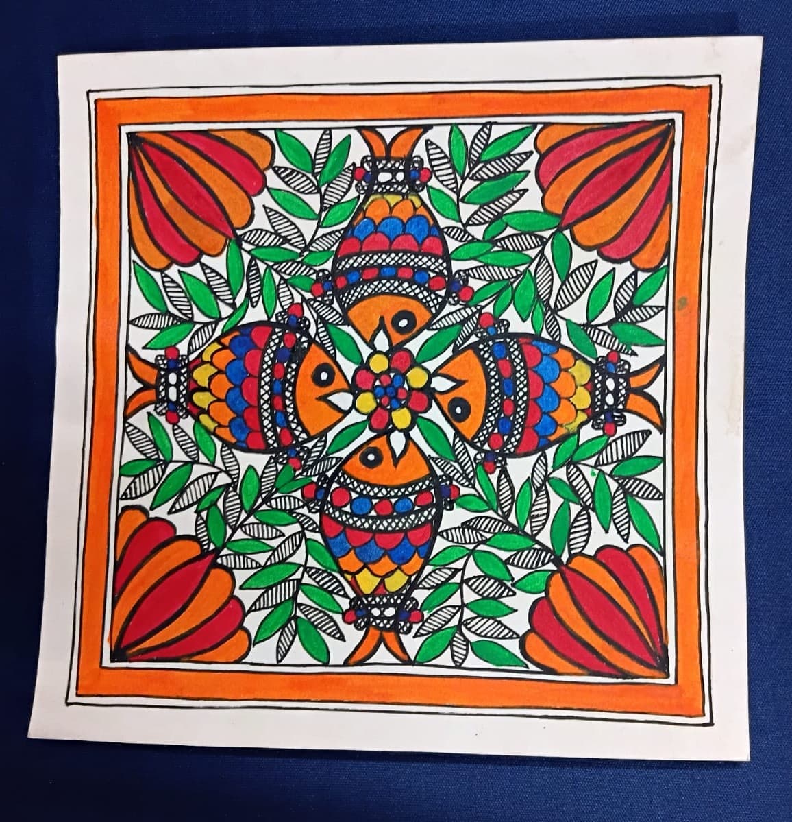 Four Fish Mandala - Madhubani Painting - Multicolor Four Fish Mandala - Madhubani Painting - Multicolor