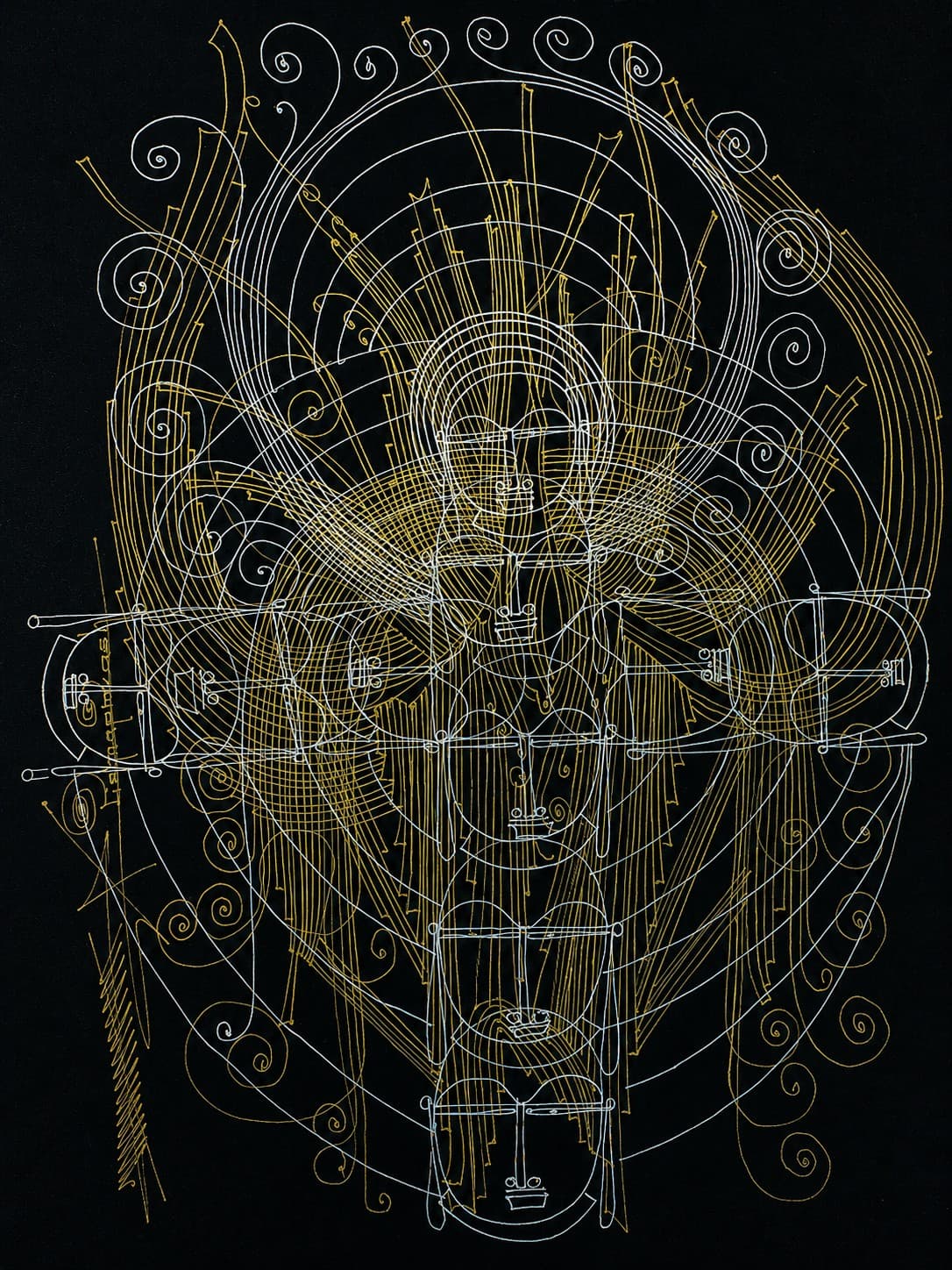 Traditional Line Art - Surpur Painting - White Gold & Black Traditional Line Art - Surpur Painting - White Gold & Black