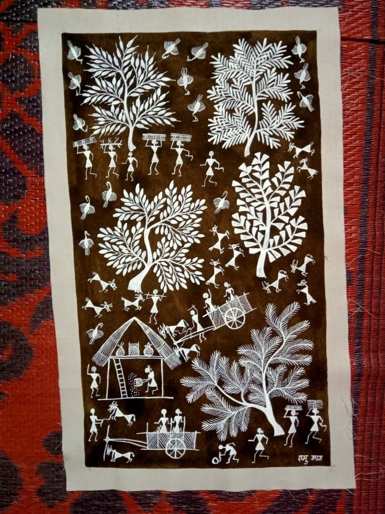 Traditional Tribal Life - Warli Painting - White, Brown, Natural Earth Tones Traditional Tribal Life - Warli Painting - White, Brown, Natural Earth Tones