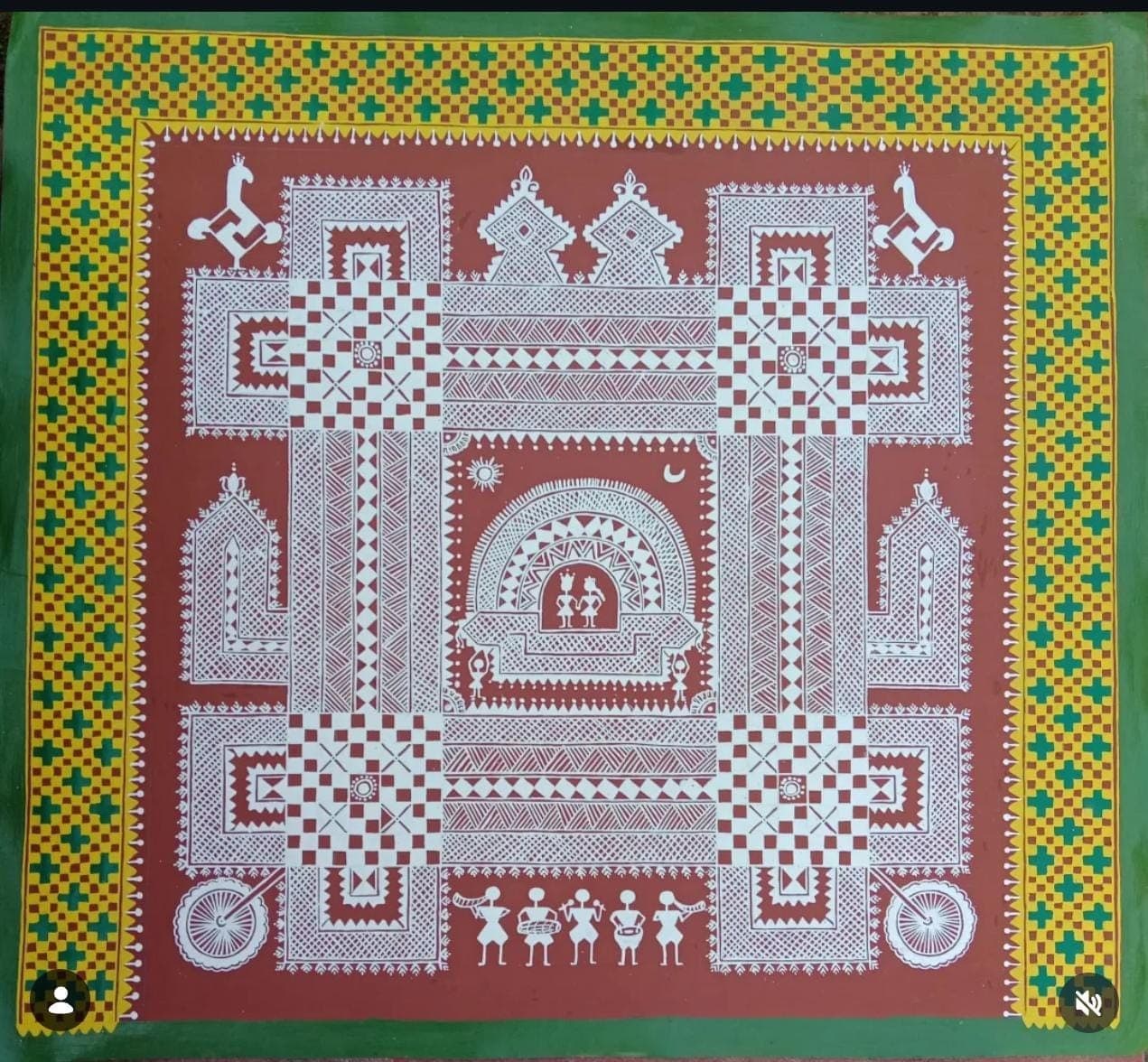 Rhythms of the Sacred Courtyard - Chittara Painting - Terracotta / Maroon, White, Yellow, Green and Red Rhythms of the Sacred Courtyard - Chittara Painting - Terracotta / Maroon, White, Yellow, Green and Red