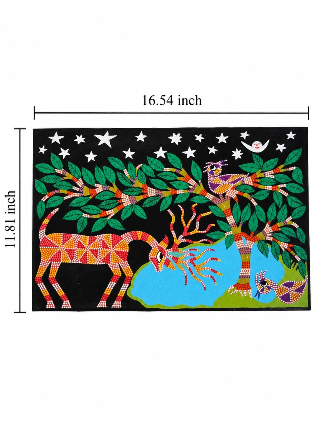 Deer & Birds Under the Crescent Moon - Bhil Painting — alternate view Deer & Birds Under the Crescent Moon - Bhil Painting — alternate view