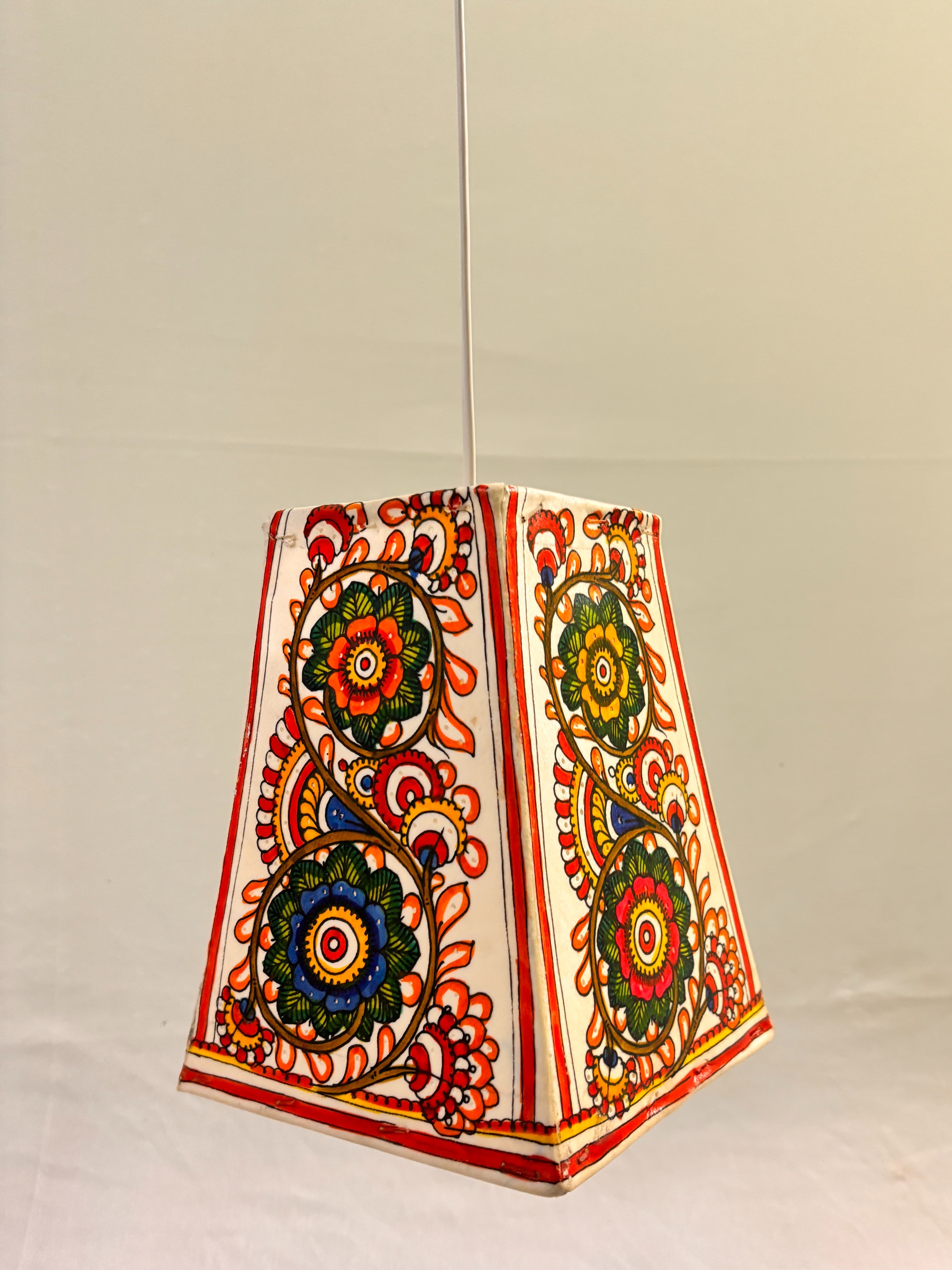 Floral Heritage Leather Hanging Lamp - Tholu Bommalata - White, Red, Orange, Yellow, Blue, Green, Brown & Black Floral Heritage Leather Hanging Lamp - Tholu Bommalata - White, Red, Orange, Yellow, Blue, Green, Brown & Black